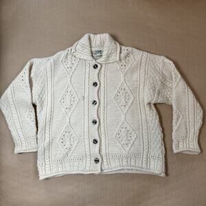 VTG Carraig Donn Women's Aran Wool Cardigan Sweater M Cream Cable Knit